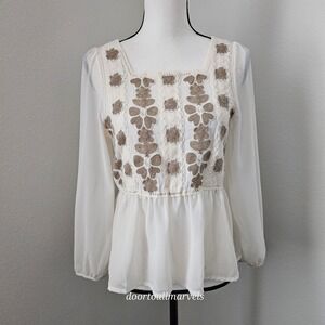 La Seine Embroidered Peasant Top Chiffon Crochet Bishop Sleeve sz XS/S Boho
